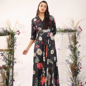 Black Women's Floral Printed Stylish Long Party Wear Maxi Dress