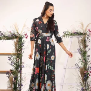 Black Women's Floral Printed Stylish Long Party Wear Maxi Dress