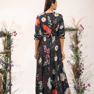 Black Women's Floral Printed Stylish Long Party Wear Maxi Dress