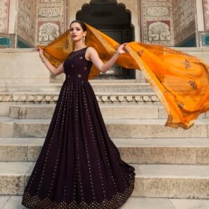 Purple Women's Gown With Mustard Yellow Dupatta