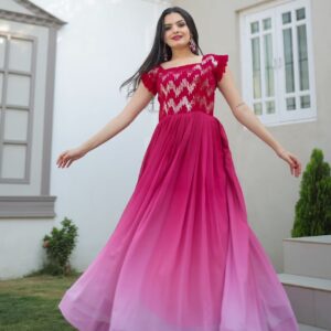 Womens Pink Color Embroidery And Zari Sequins work Party Wear Gown