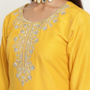 Yellow Colour Blend Silk Embroidery Work Party Wear Kurta Pant Dupatta Set For Women's