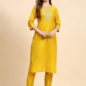 Yellow Colour Blend Silk Embroidery Work Party Wear Kurta Pant Dupatta Set For Women's