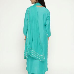 Aqua Colour Blend Silk Embroidery Work Party Wear Kurta Pant Dupatta Set For Women's