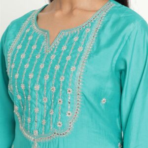 Aqua Colour Blend Silk Embroidery Work Party Wear Kurta Pant Dupatta Set For Women's