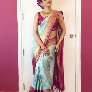 Pink And Sky Blue Lichi Silk Sarees For Women