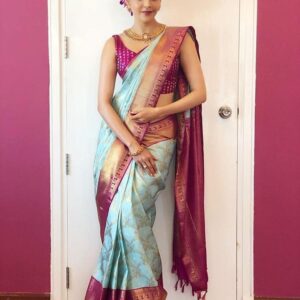 Pink And Sky Blue Lichi Silk Sarees For Women