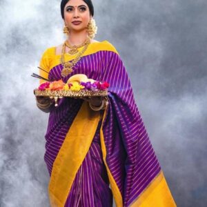 Purple And Yellow Lichi Silk Saree With Beautiful Pallu