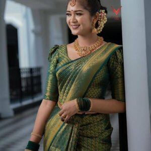 Dark Green Soft Lichi Silk Saree With Zari Weaving Work