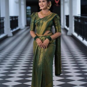 Dark Green Soft Lichi Silk Saree With Zari Weaving Work