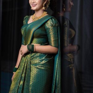 Dark Green Soft Lichi Silk Saree With Zari Weaving Work