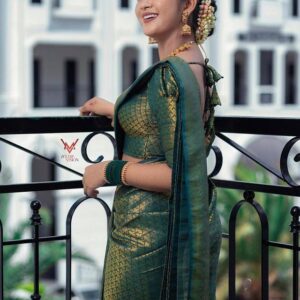 Dark Green Soft Lichi Silk Saree With Zari Weaving Work