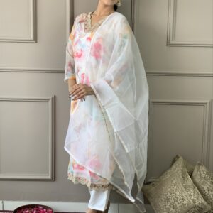 Floral Design Off White Kurta Set with Bottom and Dupatta