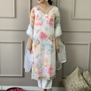 Floral Design Off White Kurta Set with Bottom and Dupatta