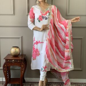 Designer White Floral Kurta Set with Bottom and Dupatta