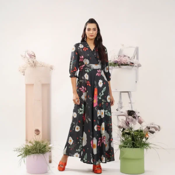 Black Women's Floral Printed Stylish Long Party Wear Maxi Dress