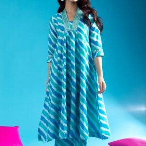 Blue Cotton Anarkali Kurta Pant Set With Neck Embroidery For Women