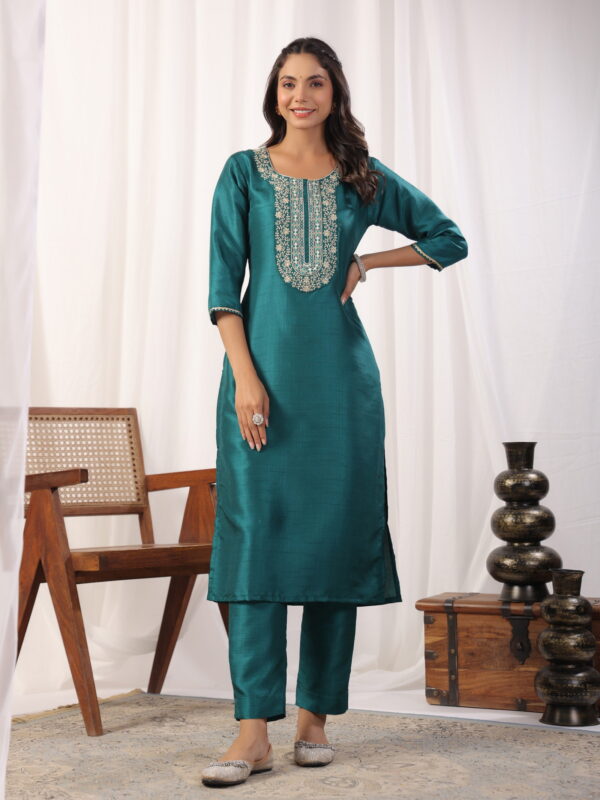 Teal Embroidered Straight Kurta Paired With Bottom and Dupatta