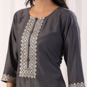 Grey Embordered A Line Kurta Set With Dupatta