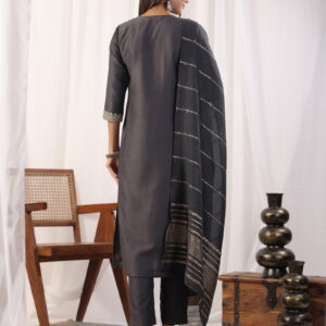 Grey Embordered A Line Kurta Set With Dupatta