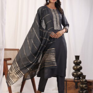 Grey Embordered A Line Kurta Set With Dupatta