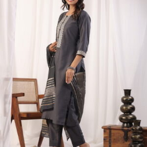 Grey Embordered A Line Kurta Set With Dupatta