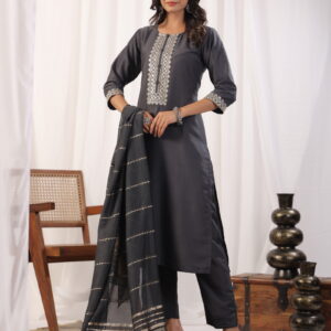 Grey Embordered A Line Kurta Set With Dupatta