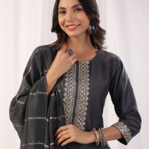 Grey Embordered A Line Kurta Set With Dupatta