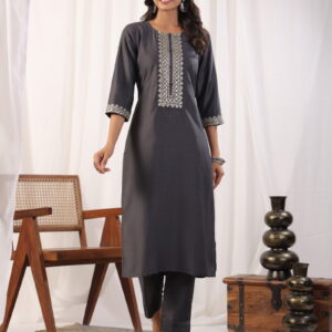 Grey Embordered A Line Kurta Set With Dupatta