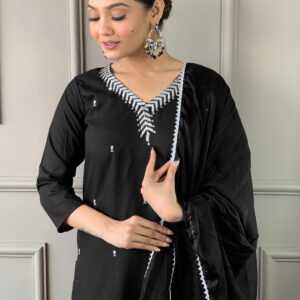 Designer Kurta set with Bottom Pant and Plain Dupatta in Black Color