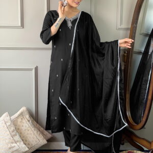 Designer Kurta set with Bottom Pant and Plain Dupatta in Black Color