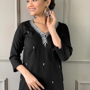 Designer Kurta set with Bottom Pant and Plain Dupatta in Black Color