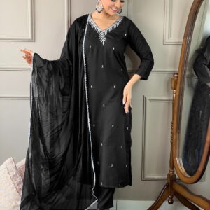 Designer Kurta set with Bottom Pant and Plain Dupatta in Black Color