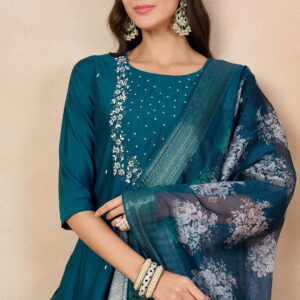 Beautiful Teal Blue Embroidered Kurta Set with Bottom Wear and Dupatta