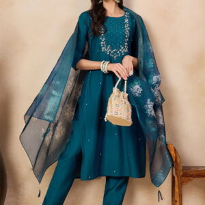 Beautiful Teal Blue Embroidered Kurta Set with Bottom Wear and Dupatta