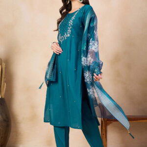 Beautiful Teal Blue Embroidered Kurta Set with Bottom Wear and Dupatta