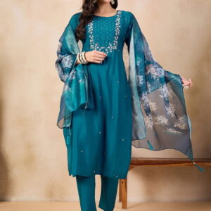 Beautiful Teal Blue Embroidered Kurta Set with Bottom Wear and Dupatta