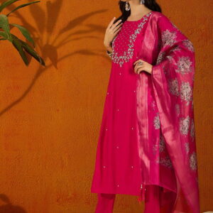 Beautiful Pink Embroidered Kurta Set with Bottom Wear and Dupatta