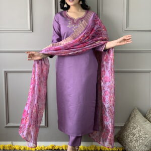 Luxurious Chanderi Silk Purple Kurta Set with Bottom and Dupatta