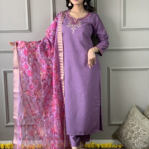 Luxurious Chanderi Silk Purple Kurta Set with Bottom and Dupatta