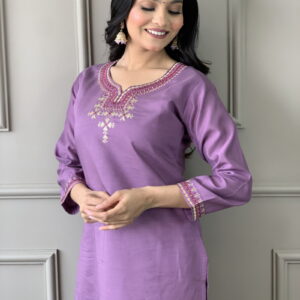 Luxurious Chanderi Silk Purple Kurta Set with Bottom and Dupatta