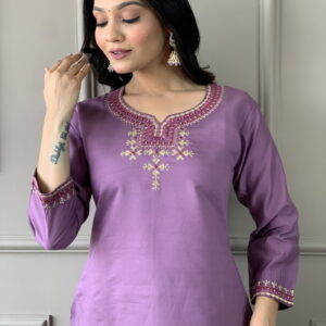 Luxurious Chanderi Silk Purple Kurta Set with Bottom and Dupatta