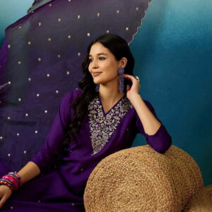 Embroidered V-Neck Straight Kurta with Pants and Dupatta