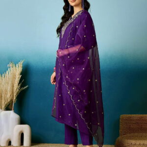 Embroidered V-Neck Straight Kurta with Pants and Dupatta