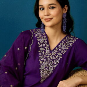 Embroidered V-Neck Straight Kurta with Pants and Dupatta