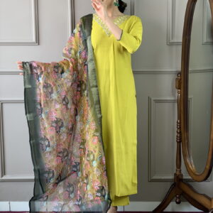 Lemon Yellow Viscose Silk Straight Kurta with bottom and dupatta