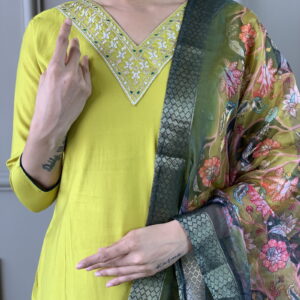 Lemon Yellow Viscose Silk Straight Kurta with bottom and dupatta