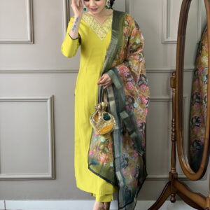 Lemon Yellow Viscose Silk Straight Kurta with bottom and dupatta