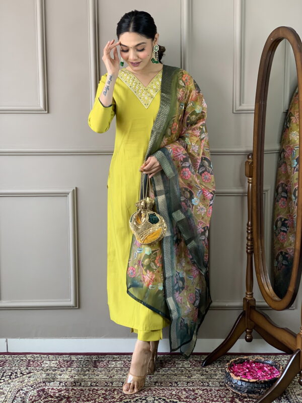 Lemon Yellow Viscose Silk Straight Kurta with bottom and dupatta