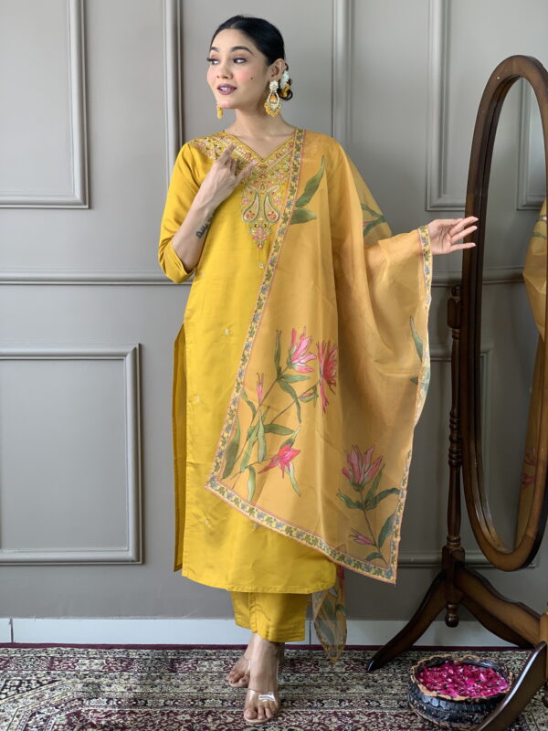 Mustard Classic Embroidery Design Kurta With Pant and Dupatta